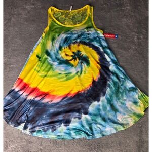 Freestyle Womens OS Sundress Tie Dye Yellow Blue Lace Back Rhinestone Cover Up